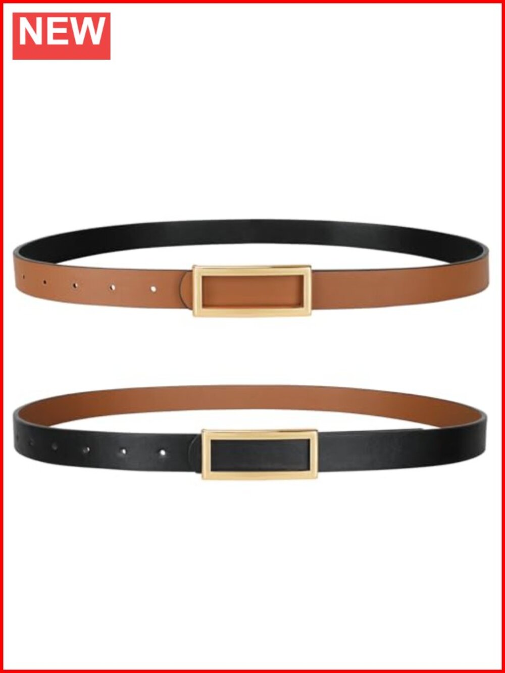Reversible Skinny Belt for Women Faux Leather Gold Buckle Thin Waist Belt